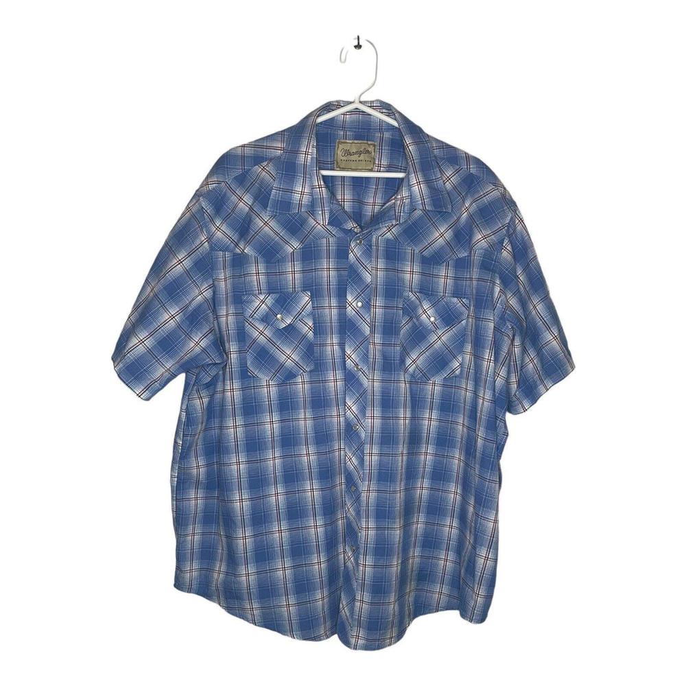 Wrangler Mens XL Western Pearl Snap Short Sleeve Plaid Shirt Blue Red *READ*